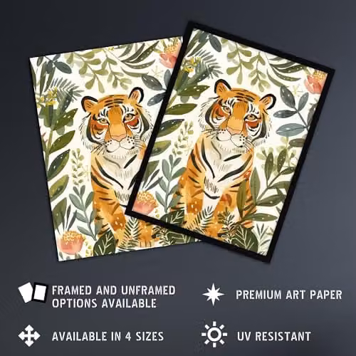 Artery8 Cute Tiger in Floral Tropical Jungle Watercolour Framed Wall Art Print, Multicolour, W: 21.0 cm, H: 29.7 cm – 2