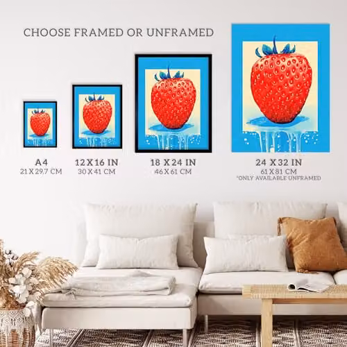 Wee Blue Coo Single Strawberry Fruit in Ice Unframed Paper Wall Art Poster in Blue and Red – 3