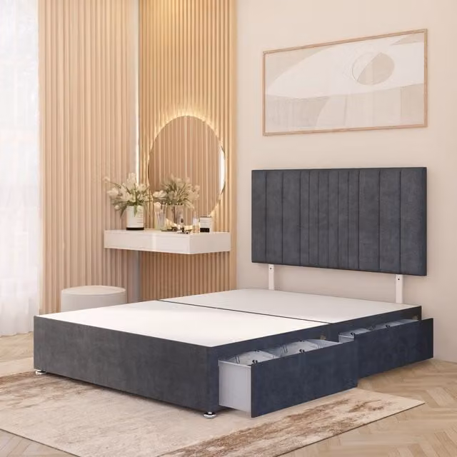 Somnior Beds Ltd Grey Velvet Upholstered Divan Bed Base with Drawers, W/D/H: 140 x 200 cm