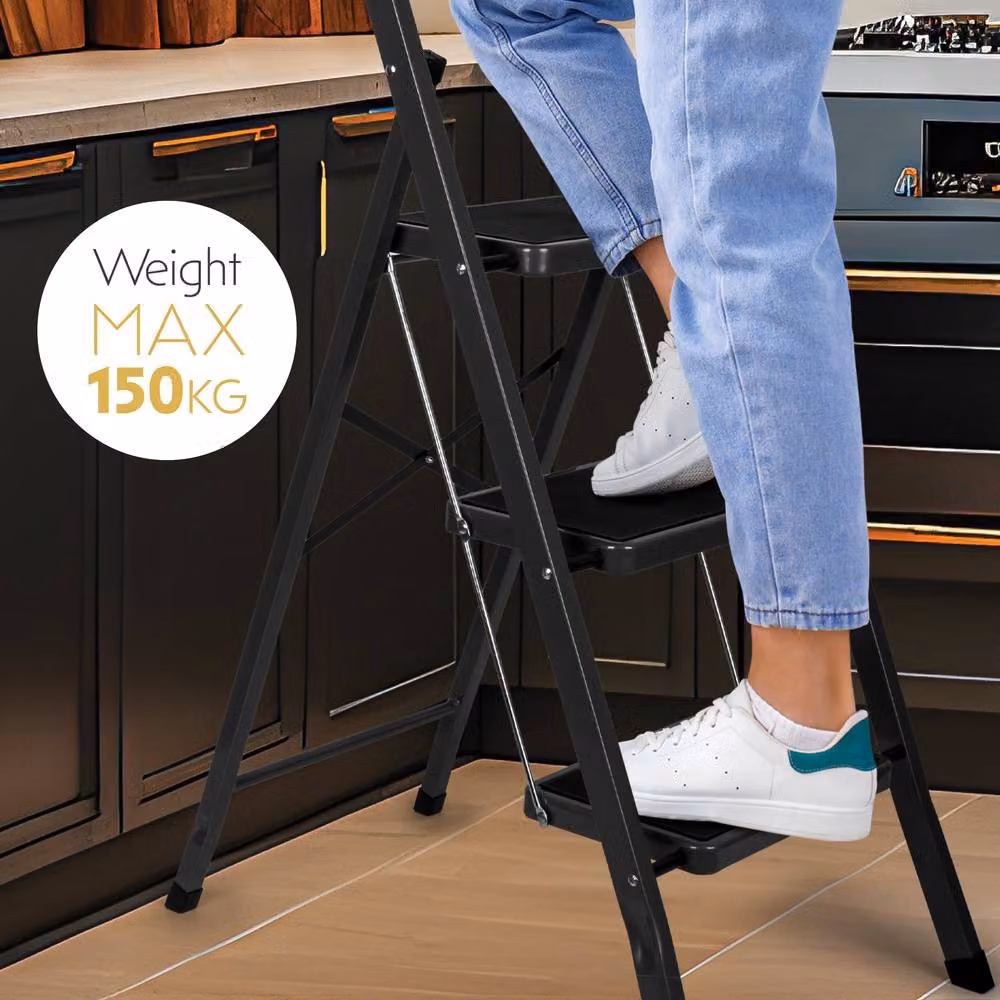 Futura 3 Step Black Heavy-Duty Steel Folding Step Ladder with Rubber Feet – 2
