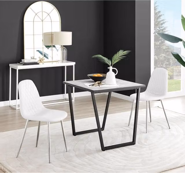 FurnitureboxUK Carson White Marble Effect Square Dining Table and 2 Corona Silver Faux Leather Chairs