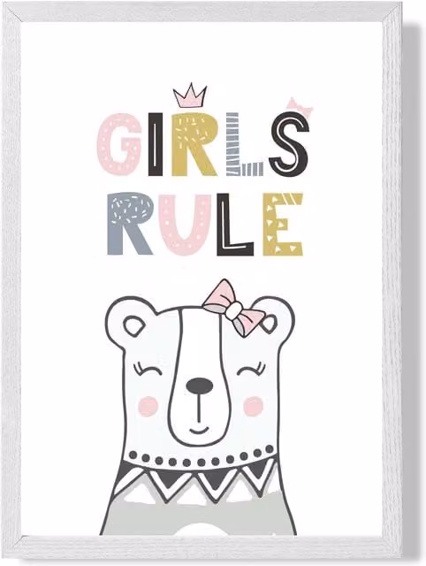 ARTZE Cute Girls Rule Bear Scandi Quote Framed Print in Pink and Yellow, A4 Size