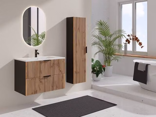 Vente-unique Ribbed Suspended Bathroom Cabinet with Inset Ceramic Basin and Column in Black Matt, W/D/H: 80 x 46 x 57 cm