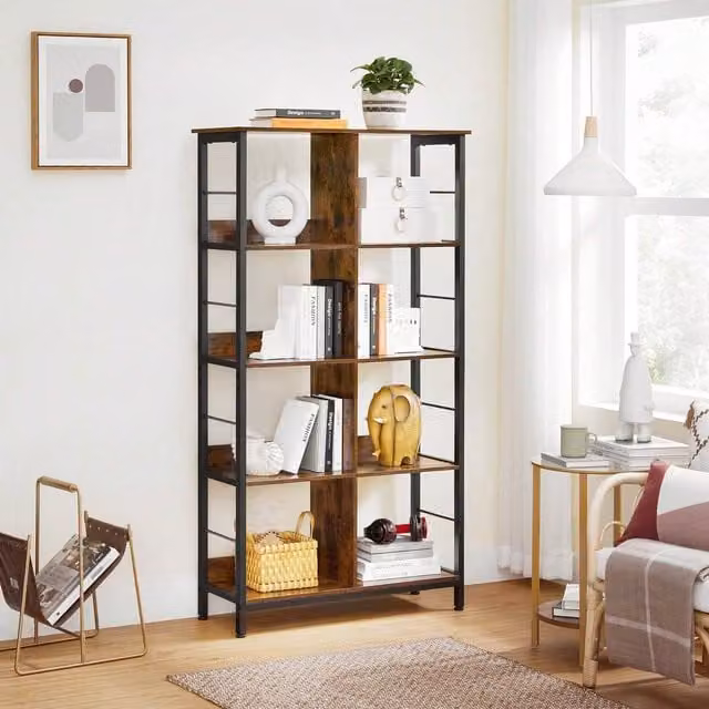 VASAGLE Industrial Open Storage Bookcase with 8 Compartments, Brown and Black