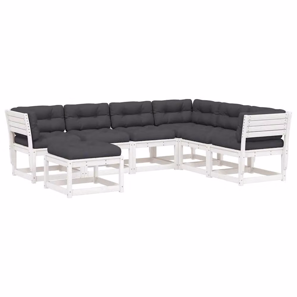 Berkfield Home 7 Piece L-Shape Garden Lounge Set with Cushions and Ottoman in White Solid Pine Wood – 2