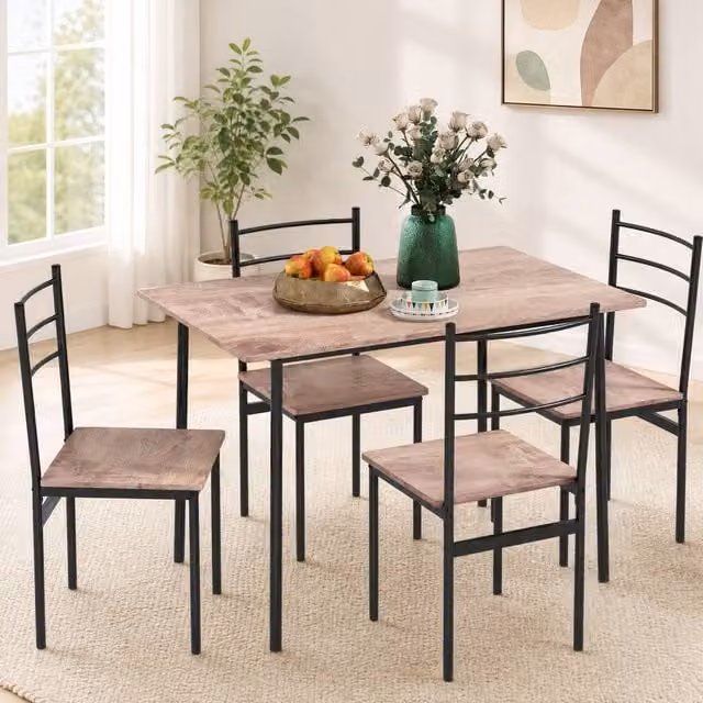 STILVORA Industrial Dining Table and Chairs Set with Black Metal Frame and Brown MDF Laminate Rectangular Table – 1