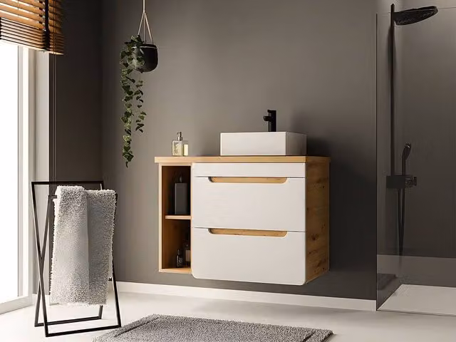 Vente-unique Single Washbasin Vanity Unit with Recesses in Light Oak and White, W/D/H: 80 x 46 x 59 cm