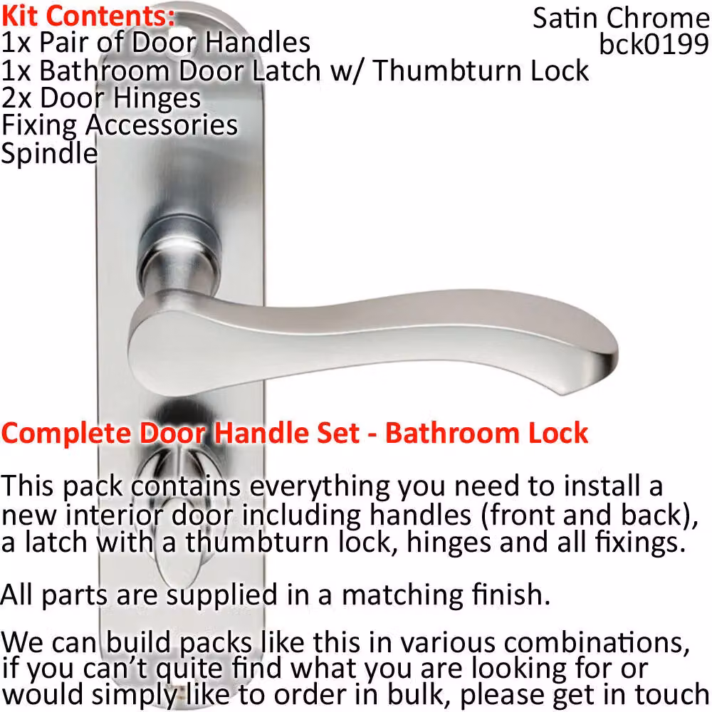 Loops Satin Chrome Door Handle and Bathroom Lock Pack with Scroll Lever and Thumb Turn – 2