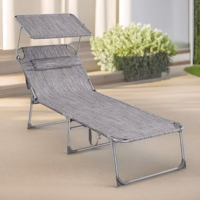 FURNOS Folding Sun Lounger for Garden in Grey with Sun Canopy and Adjustable Headrest – 1