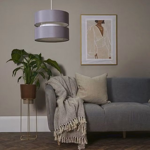 ValueLights Sophia Small 2 Tier Grey Fabric Cylinder Ceiling Light Shade with Bulb