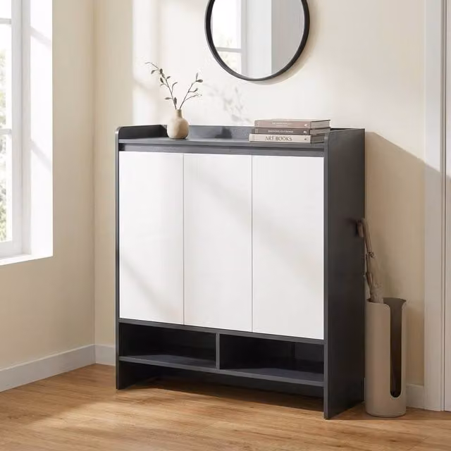 STILVORA Grey and White Modern Glossy Shoe Cabinet with Hinged Doors and Open Shelves – 1