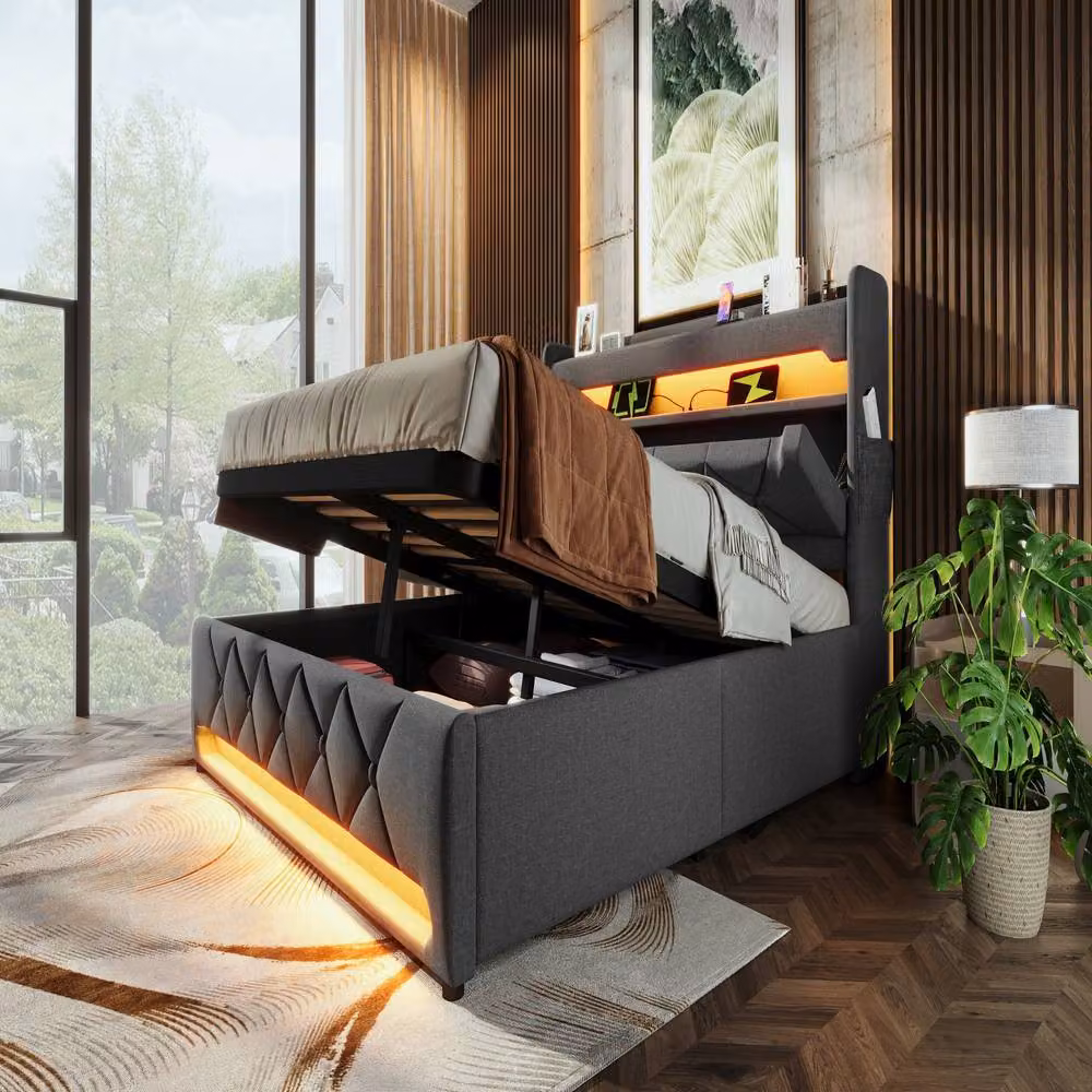Rolipo Grey Linen Upholstered Hydraulic Storage Bed with LED Lighting and USB Charging, W/D/H: 180 x 200 cm – 7