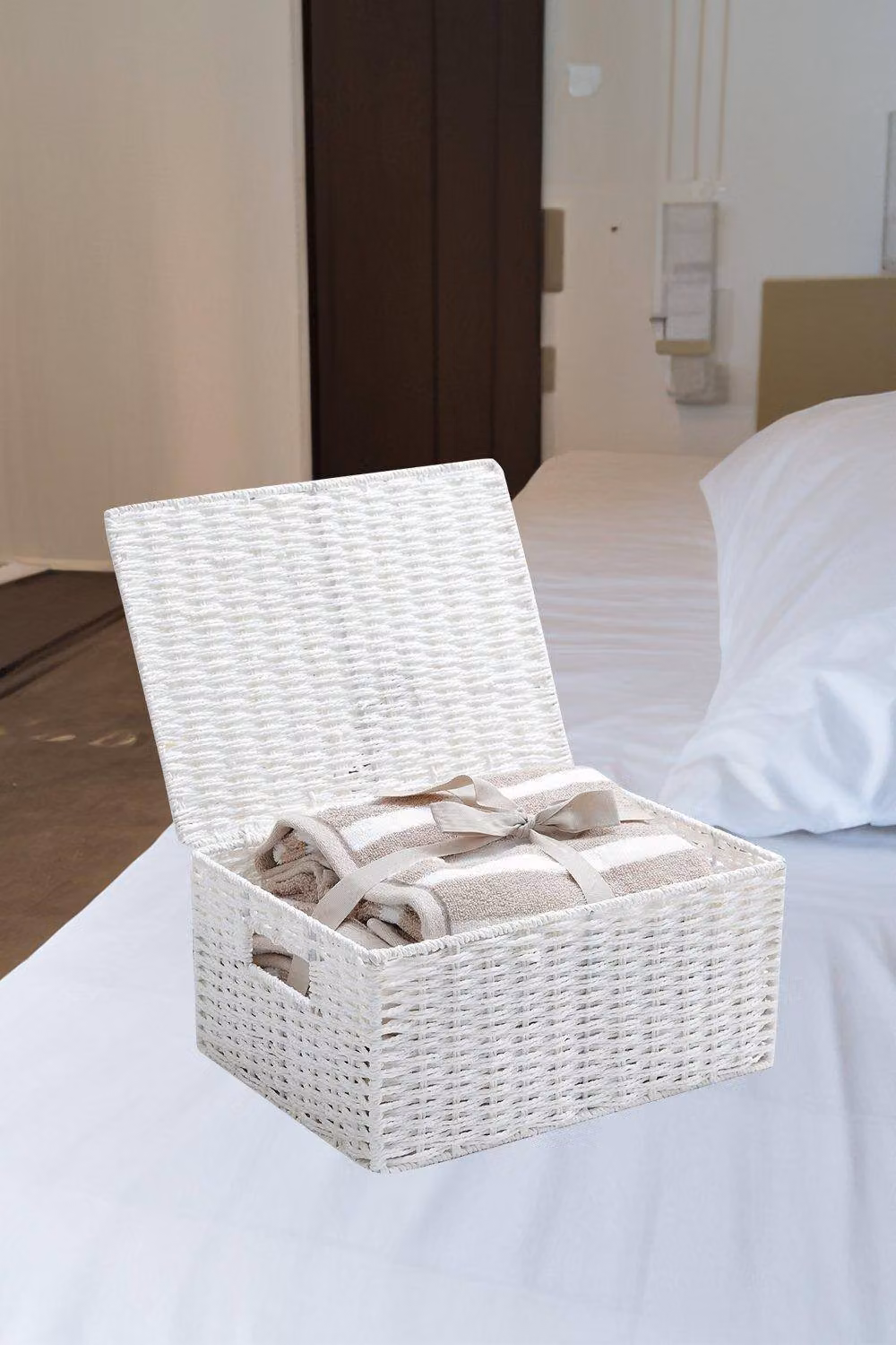 ARPAN White Open Weave Paper Rope Storage Basket with Lid and Handles – 4