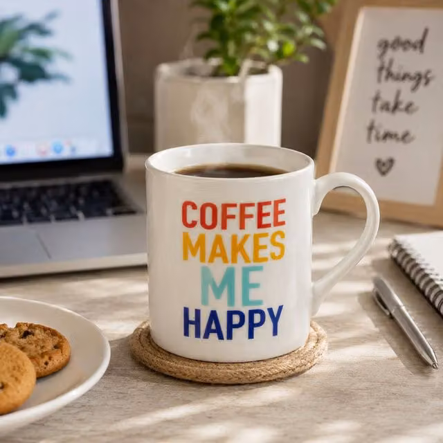 Orsina Elegant Design Coffee Makes Me Happy Mug, Multicolour Bone China and Ceramic, 300 ml – 2