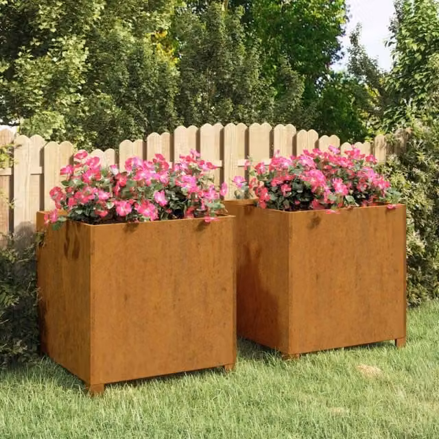 Berkfield Home Set of 2 Rusty Corten Steel Planters with Legs, Brown, W/D/H: 49 x 47 x 50 cm