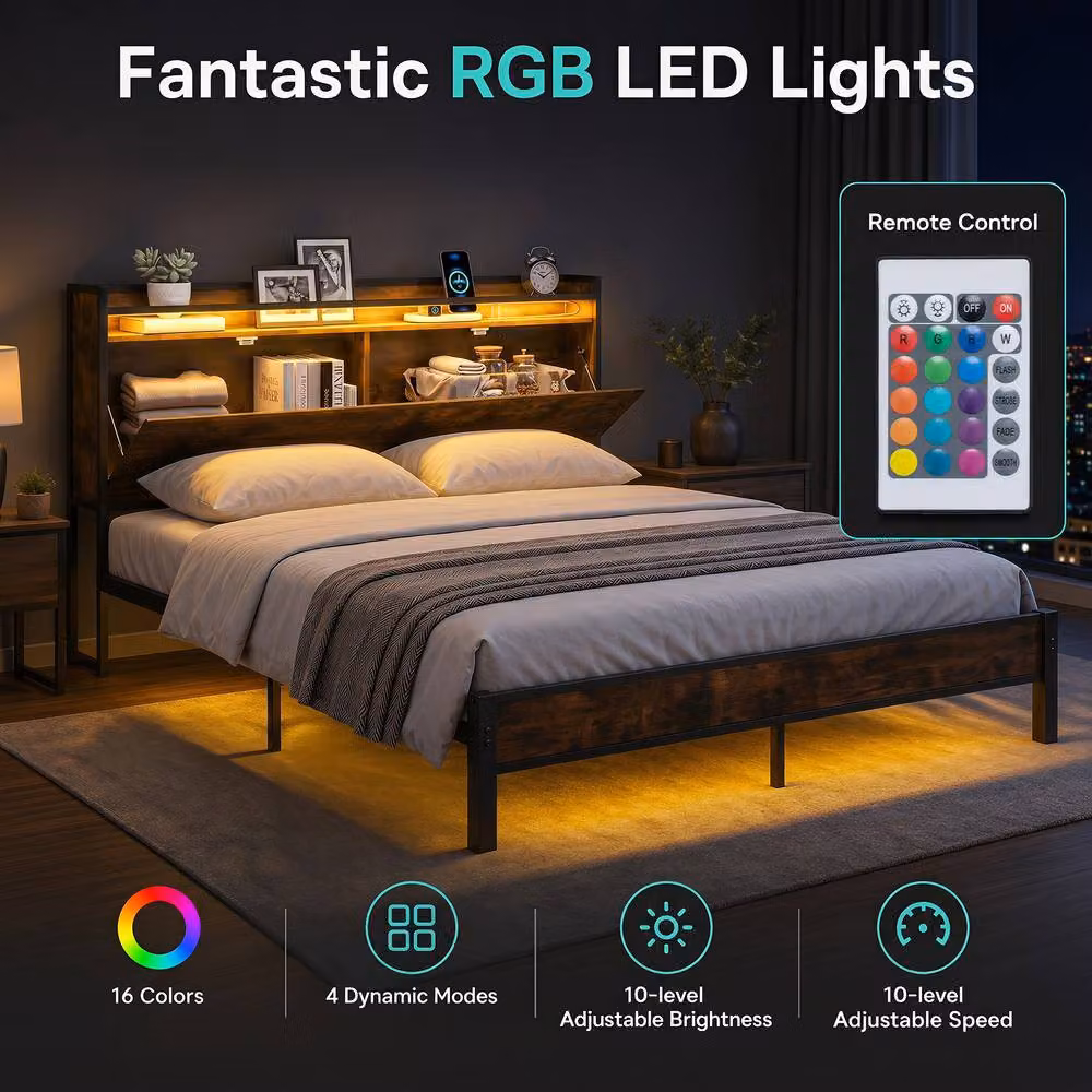 Costway King Size Metal Bed Frame in Black with LED Lights, USB Charging Port and Side Compartments (180x200 cm) – 9