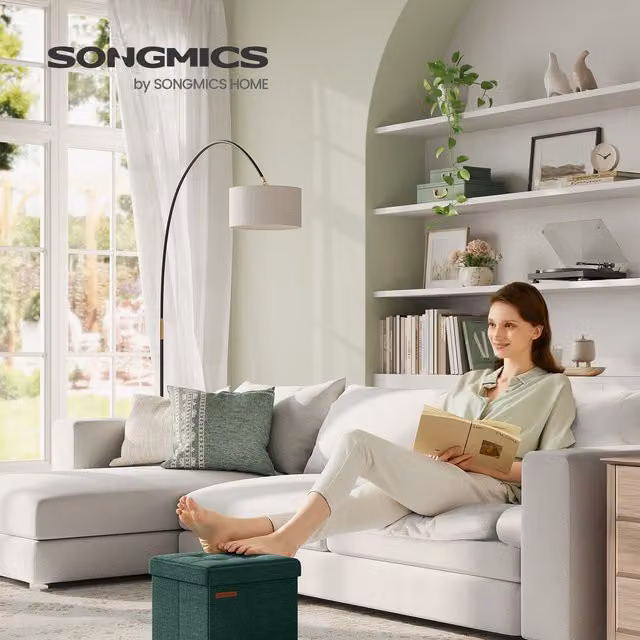 SONGMICS Foldable Storage Ottoman Footstool in Retro Green