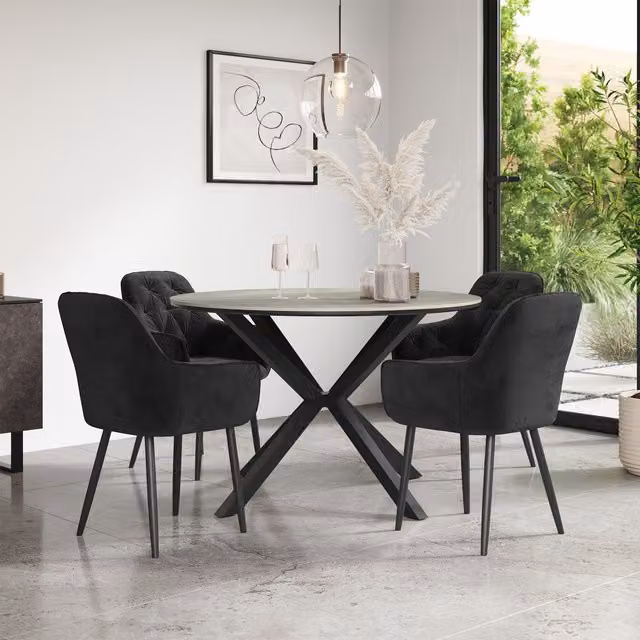 More4Homes Calne Round Grey Ceramic Dining Table with 4 Black Anika Velvet Chairs