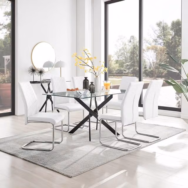 FurnitureboxUK Leonardo Glass Dining Table with 6 White Lorenzo Chairs and Black Legs