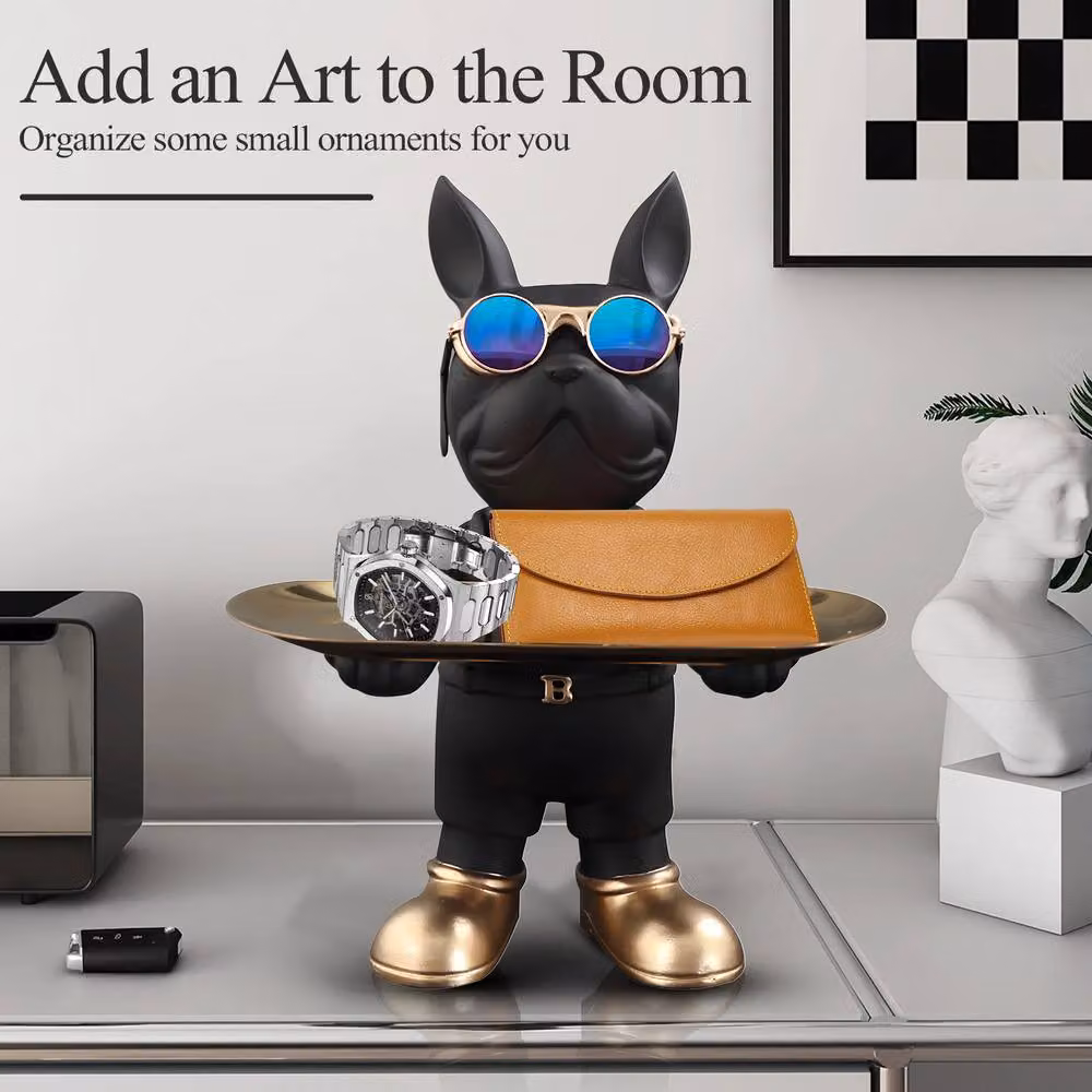 Huhote Black French Bulldog Resin Statue and Candy Dish Tray Ornament – 3