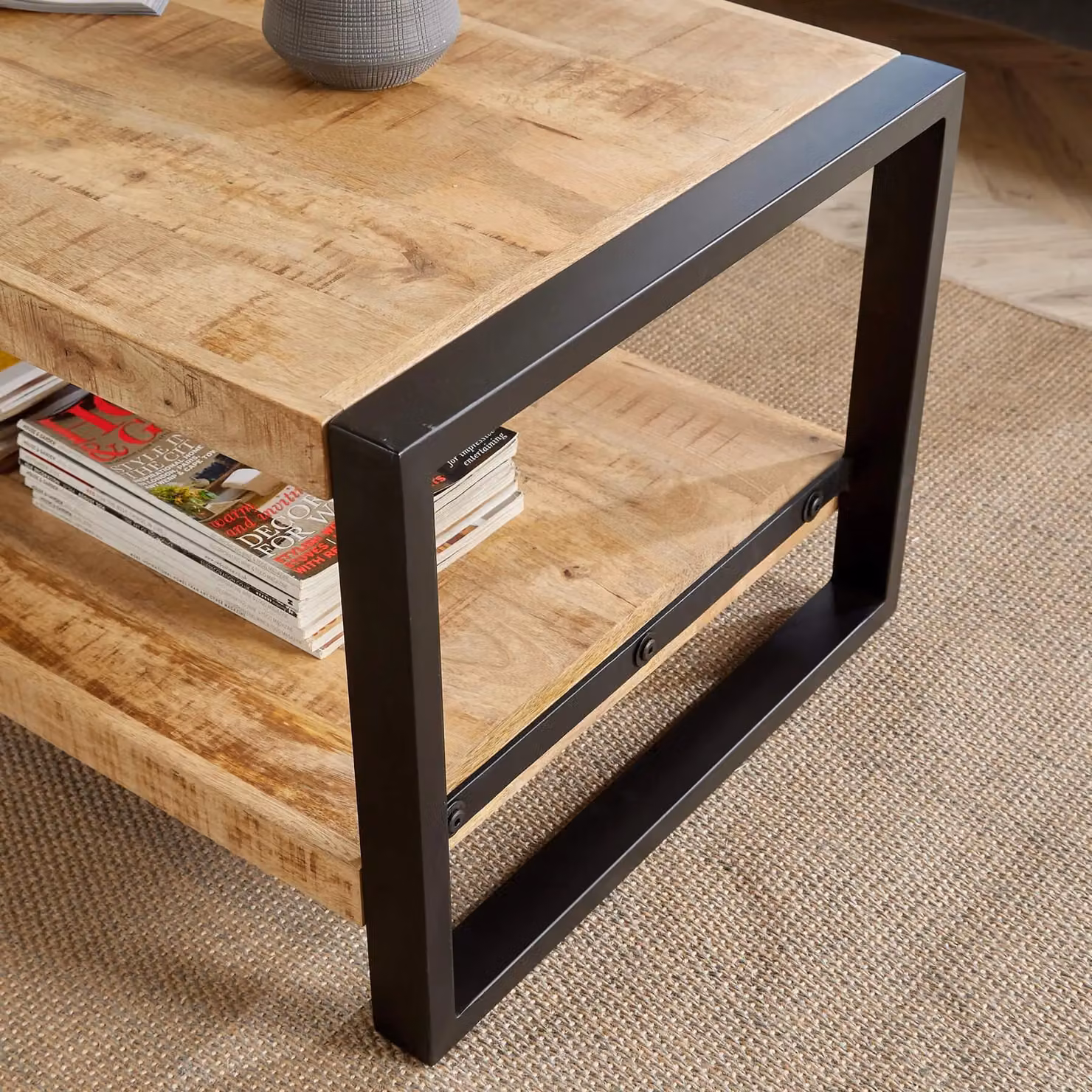 Home Source Industrial Mango Wood Coffee Table with Sturdy Iron Frame in Light Oak – 2
