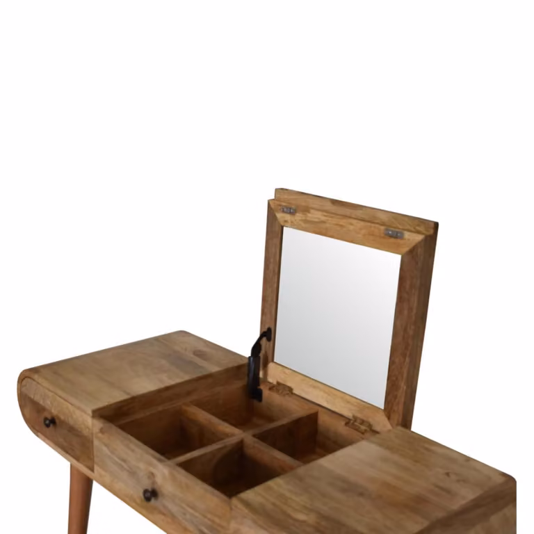 Aosom UK Solid Mango Wood Round Dressing Table with 3 Drawers and Foldable Mirror, Brown, W: 100 cm, D: 40 cm, H: 80 cm