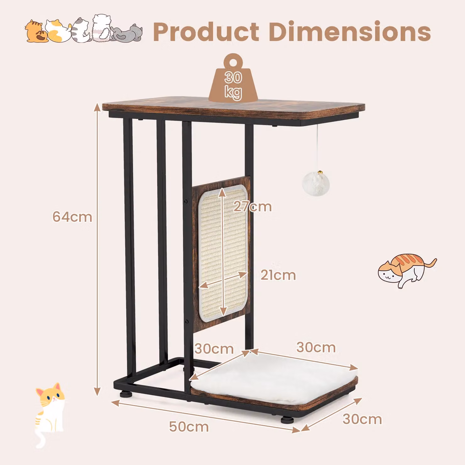 Costway C-Shaped Modern Cat Side Table and End Table with Removable Cushion in Brown – 5