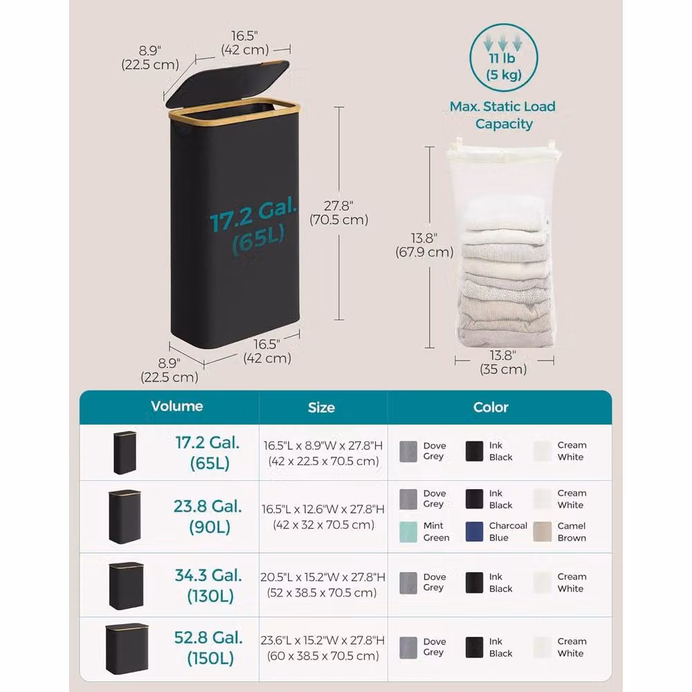 The Bazaarist Slim Laundry Hamper with Removable Liner and Bamboo Handles, Jet Black – 3