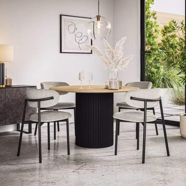 More4Homes Arlo Oak Round Dining Table with Black Legs and 6 Myla Grey Linen Dining Chairs Set, W: 120 cm, H: 75 cm