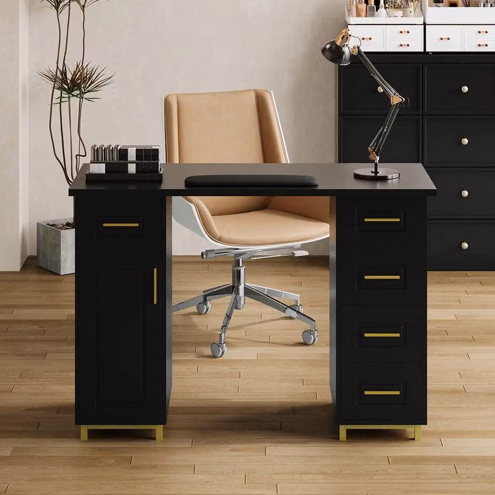 FORGEVIO Pro Manicure Table Nail Beauty Salon Station Technician Storage Desk in Black and Gold – 3