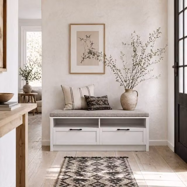 Wyld Haus Noma White Shoe Bench with Grey Fabric Cushion, 2 Shelves and 2 Drawers – 1