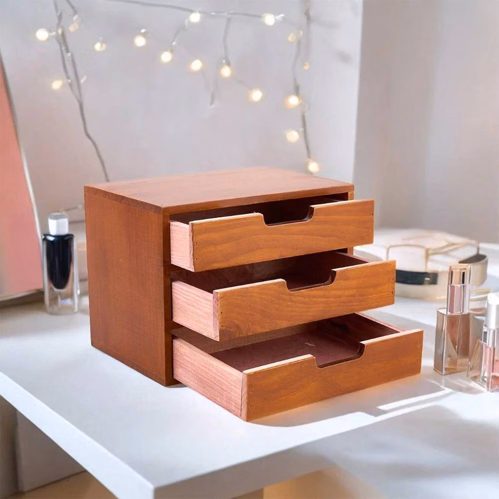 FORGEVIO Stackable 3-Drawer Wooden Jewelry Cabinet in Brown, W/D/H: 25.4 x 20.32 x 25.4 cm – 3