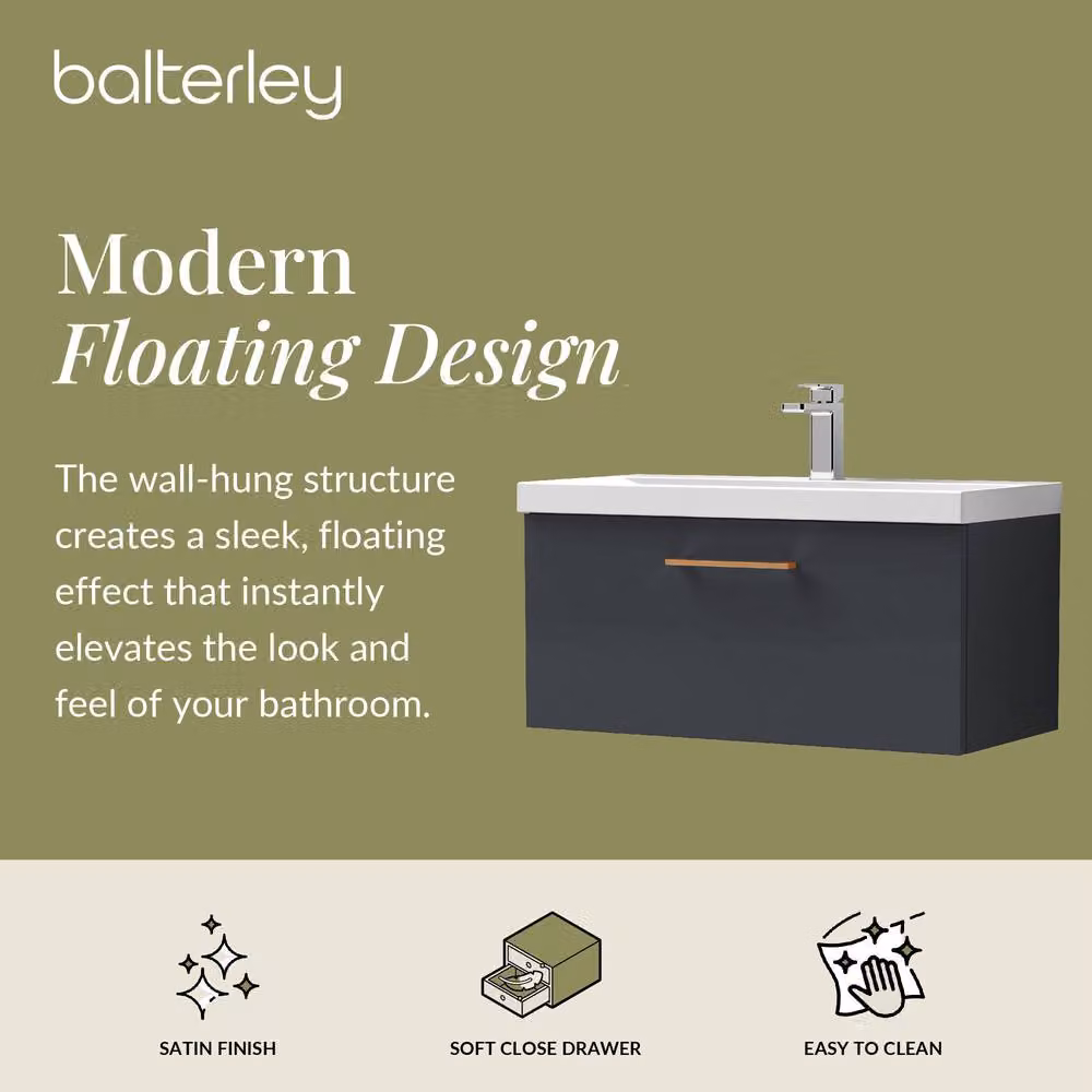 Balterley 800mm Wall Hung 1 Drawer Vanity Basin Unit in Dark Grey with Copper Handle – 2