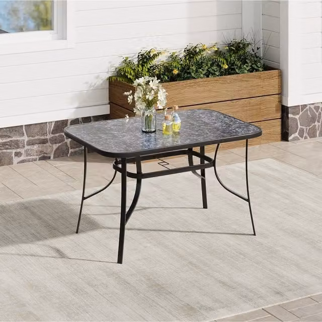 Komore Black Marble Effect Tempered Glass Garden Table with Parasol Hole