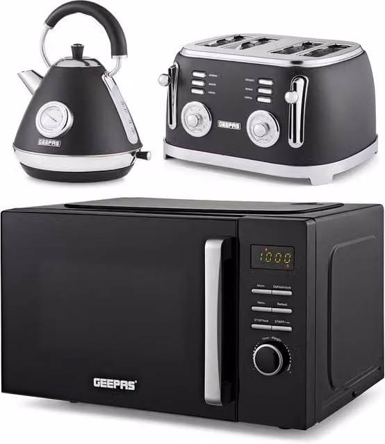 Geepas Retrovive Kitchen Appliance Set in Black featuring 1.7L Kettle, 4 Slice Toaster and 23L Microwave Oven – 1