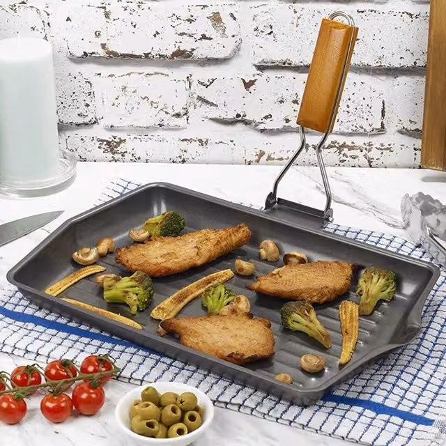 Homiu Steel Folding Griddle Pan with Removable Handle, Grey