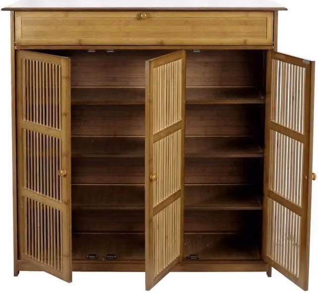 KORVIXA Modern Brown Bamboo Shoe Rack Cabinet with Roll Shutter Doors and Internal Drawers – 1