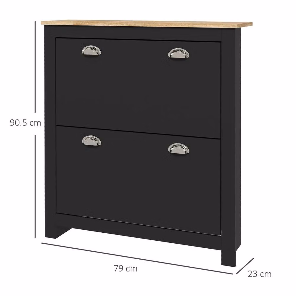 PAWNORA Modern Black 2 Drawer Narrow Shoe Cabinet with Tilting Compartments and Internal Shelves, H 90.5 x W 79.0 cm – 2