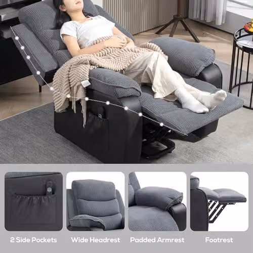 HOMCOM Power Lift Riser Recliner Chair in Grey Corduroy Fabric – 6