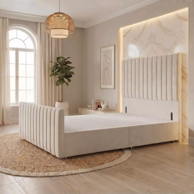 Somnior Eleanor Velvet Divan Base with Headboard and Footboard, Ivory, W/D/H: 200 x 160 x 137.16 cm