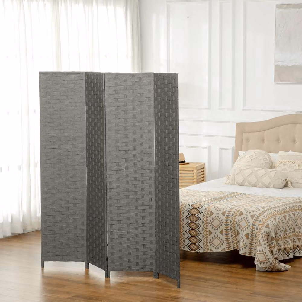 STILVORA 4-Panel Wood and Rattan Folding Room Divider Privacy Screen in Grey – 2