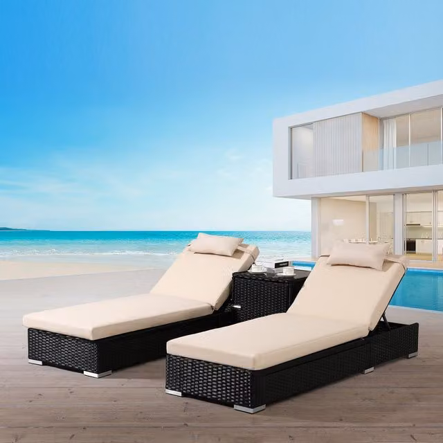 AREBOS Set of 2 Modern Black Poly Rattan Sun Loungers with Weatherproof Cushions