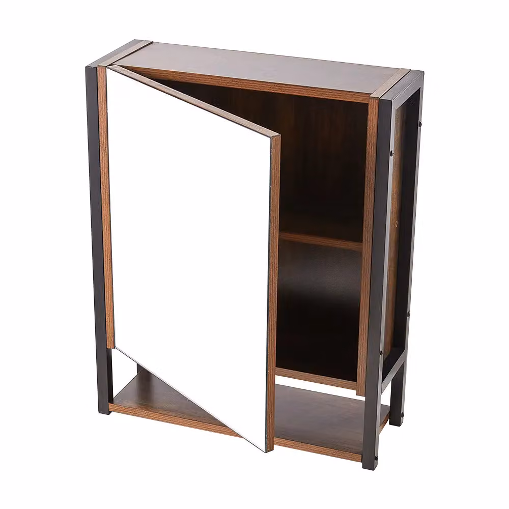 H&O Direct Modern Wall-Mounted Brown Bathroom Mirror Cabinet with Glass Doors and Metal Frame – 3