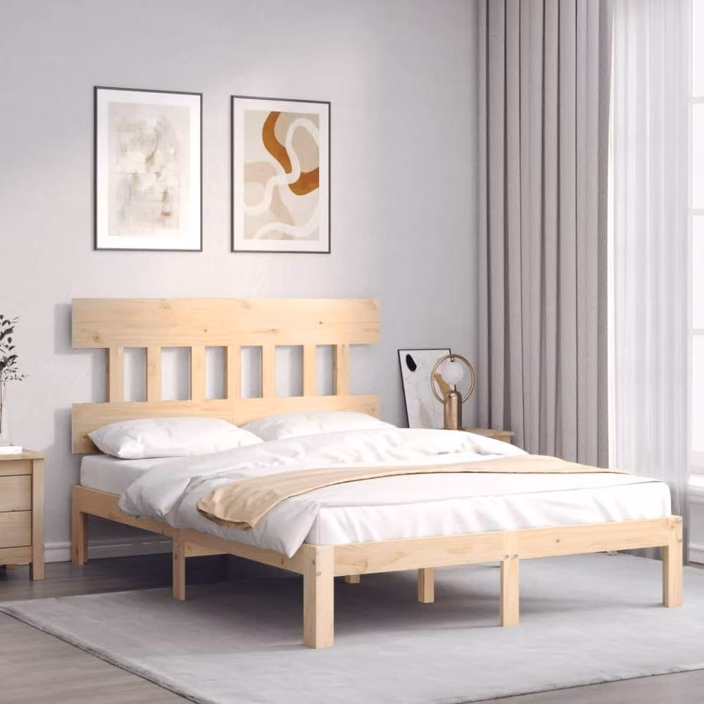 Berkfield Home Solid Wood Pine Bed Frame with Headboard in Brown, W/D/H: 140 x 190 cm – 2