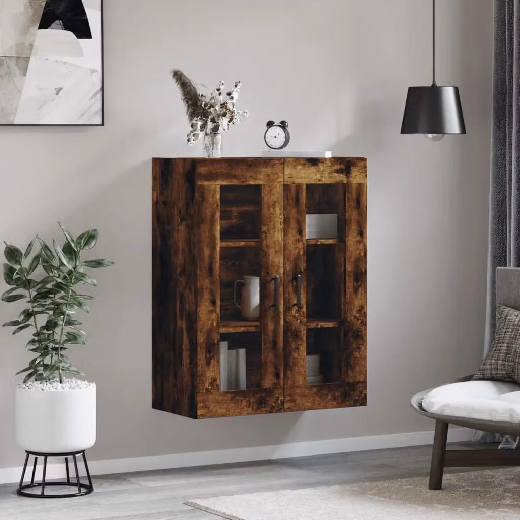 Berkfield Home Wall Mounted Smoked Oak Cabinet with Glass Doors in Brown, W: 69.5 cm, D: 34 cm, H: 90 cm – 3