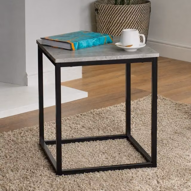 LIVIVO Industrial Concrete Effect Coffee and Square Side Table with Metal Frame in Grey