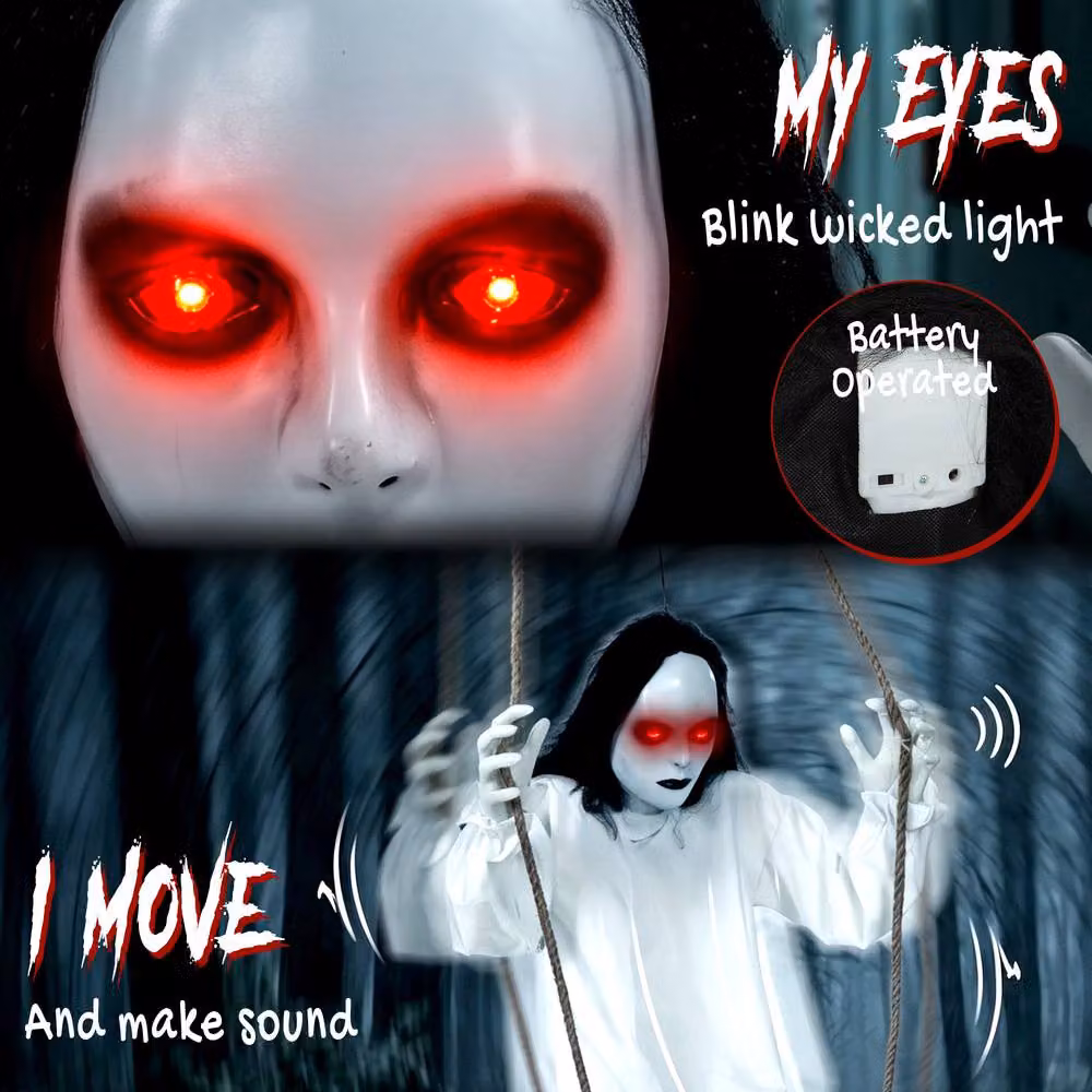 HOMCOM Animated Hanging White Swing Ghost Halloween Decoration with Glowing Red Eyes, Height: 170 cm – 3