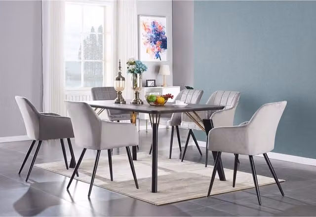 Life Interiors Camden Cosmo LUX Modern Oval Dining Set with Table and 6 Chairs in Light Grey, Black and Gold