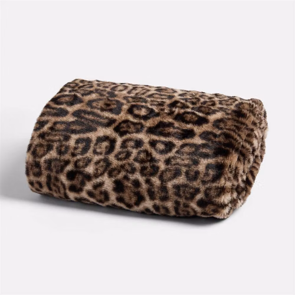OHS Leopard Faux Fur Fleece Throw Thermal Blanket in Brown, W: 125 cm, D: 150 cm – 2