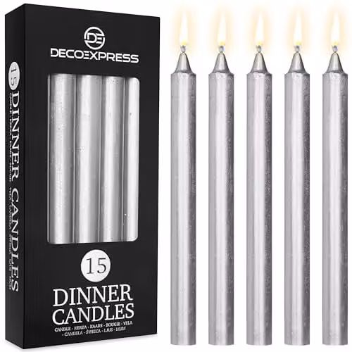 Deco Express Set of 15 Unscented Dripless Tapered Candles in Silver